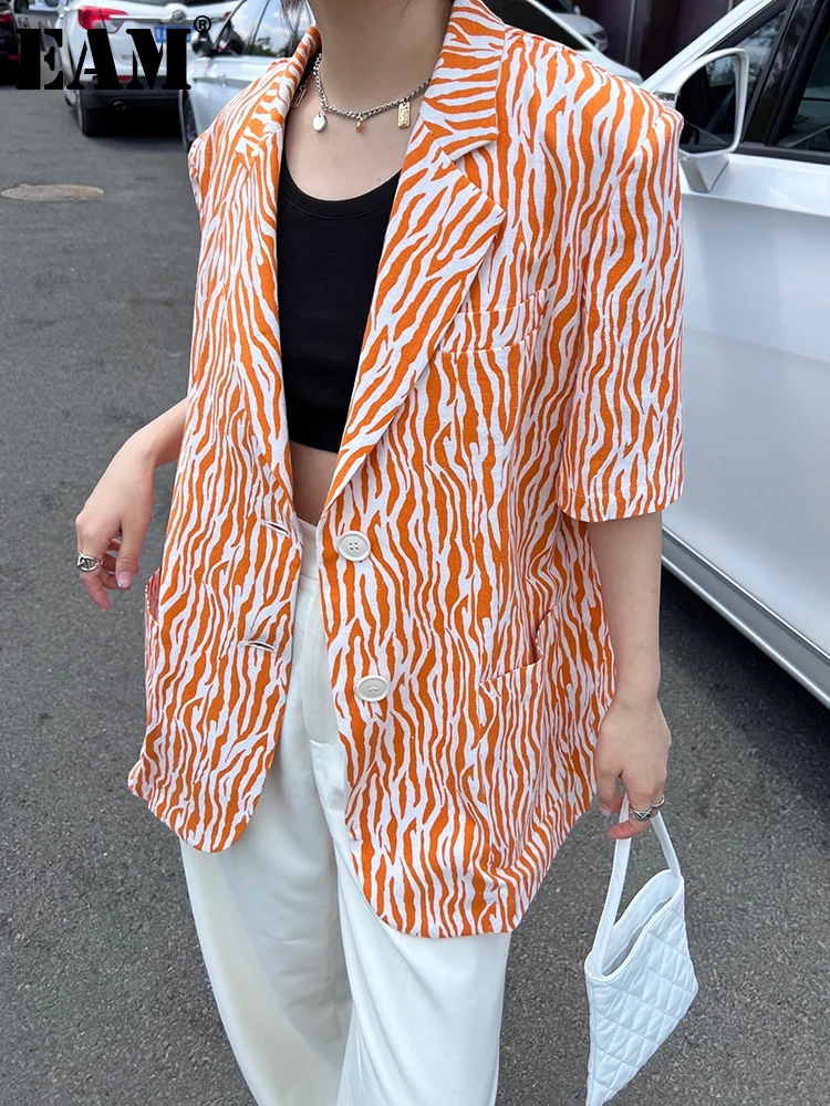 

[EAM] Women Orange Zebra Pattern Big Size Blazer New Lapel Half Sleeve Loose Fit Jacket Fashion Tide Spring Summer 2022 1DE8899