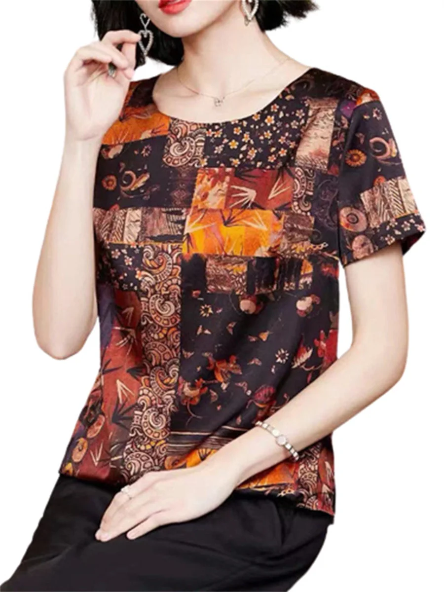 

Loose Women Spring Summer Blouses Shirts Lady Fashion Casual Short Sleeve O-Neck Collar Retro Style Printing Blusas Tops WY0424