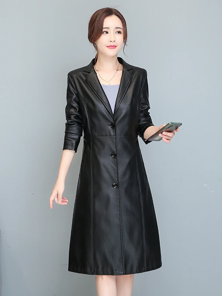 New Women Sheepskin Coat Spring Autumn Elegant Fashion V-Neck Slim Waist Leather Coat Light Green Long Blazer Split Leather