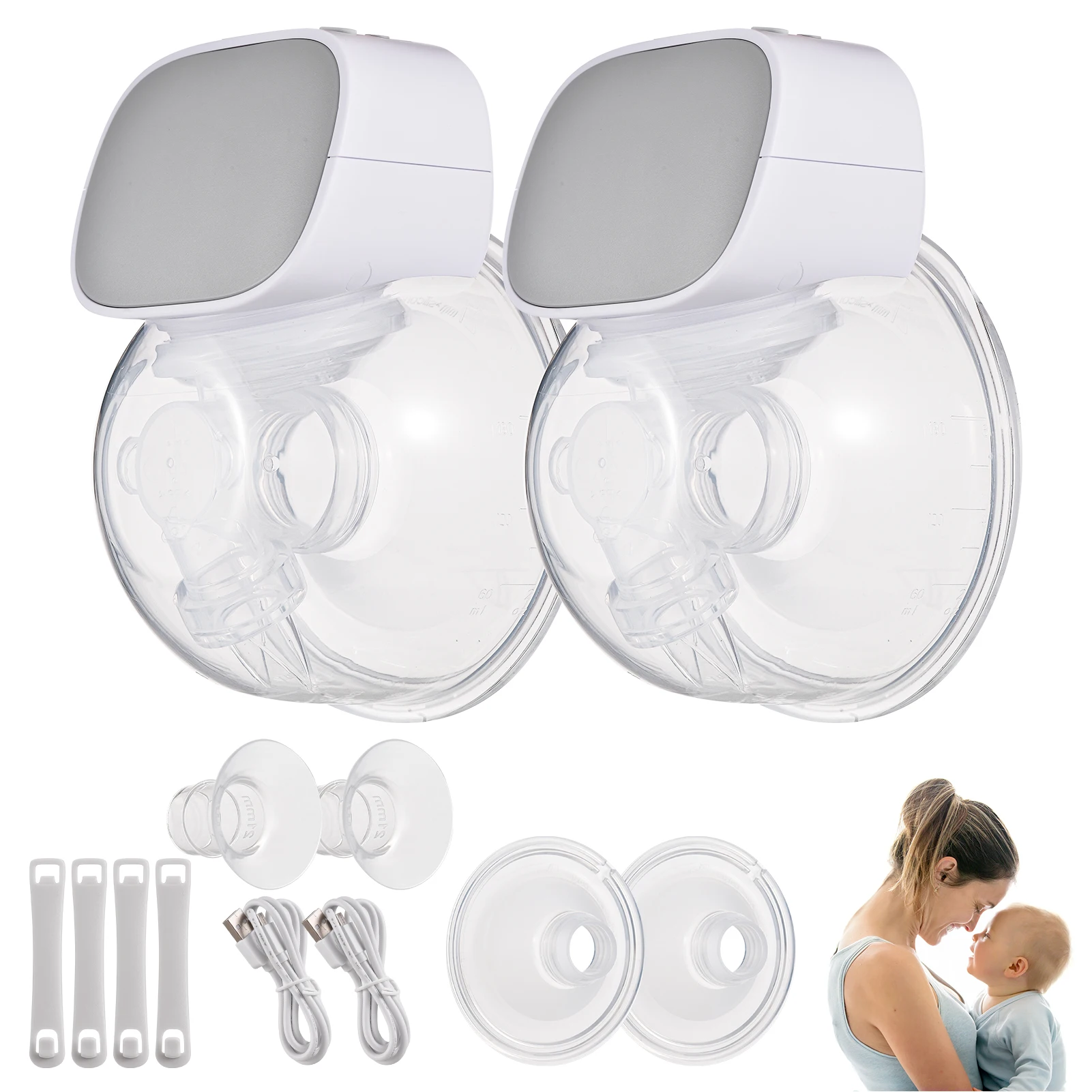 2pcs Wearable Electric Breast Pump Hands Free 27mm Breast Pump 2 Modes 5 Suction Levels for Home Travel