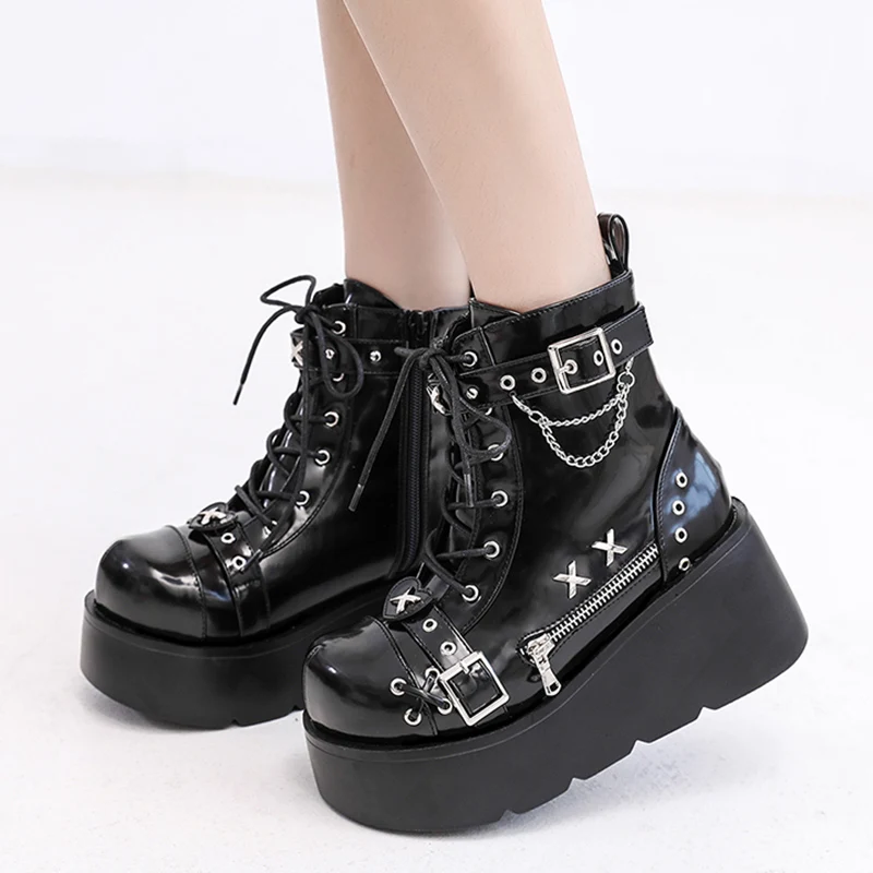 

Punk Style Chunky Platform Ankle Boots Women Metal Buckle Gothic Motorcycle Boots Woman Thick Bottom PU Leather Botas Mujer 2022