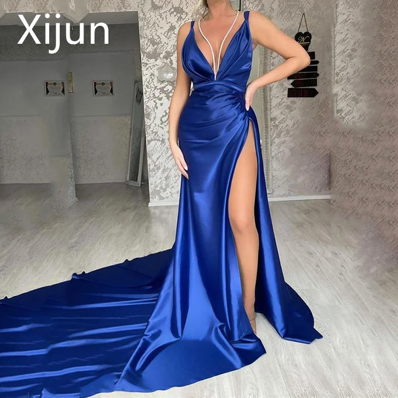 

Xijun Sexy Mermaid Evening Dress Deep V Neck Spaghetti Strap Women Prom Dresses Pleated Side Split Vestidos De Gala Customize