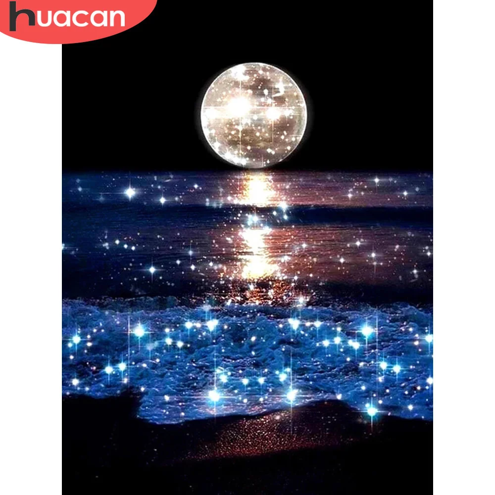 

HUACAN 5D DIY Diamond Painting Full Round Square Landscape Moon rhinestones Diamond Embroidery Seaside Mosaic Decortion