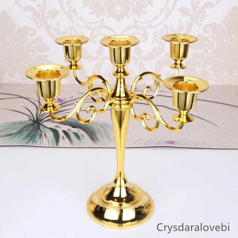 Hot Metal Silver/Gold/Bronze/Black 5-Arms Metal Pillar Candle Holders Candlestick Wedding Decoration Stand Home Decor Candelabra