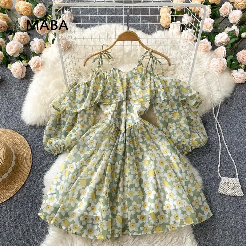 

Женское богемное мини-платье с открытыми плечами, винтажное зеленое пляжное платье с цветочным принтом, высокой талией и оборками, весна-ле...