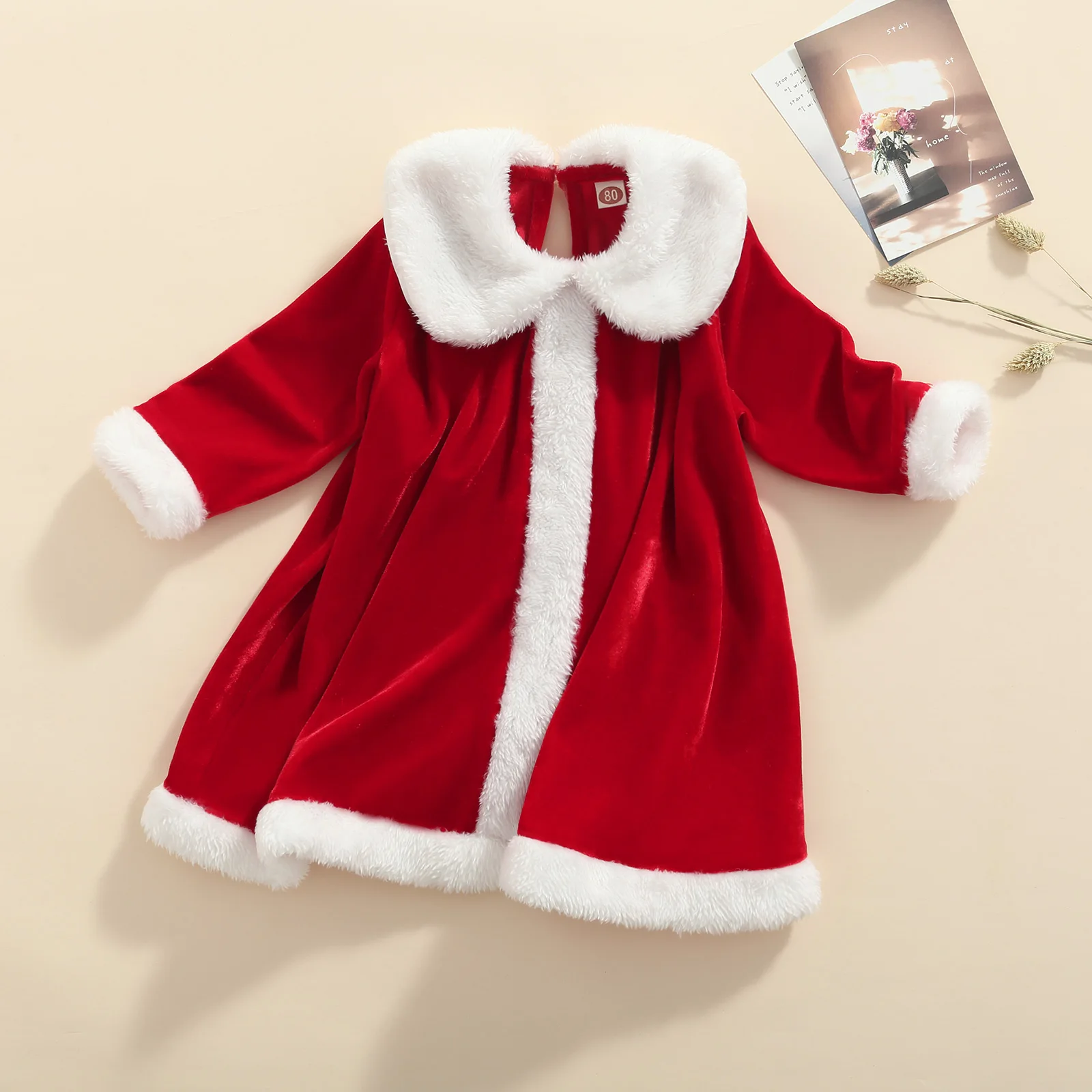 

Kids Christmas Dress Coral Fleece Splicing Color Peter Pan Neck Long Sleeves Skirt for Girls 6 Months to 5 Years Red