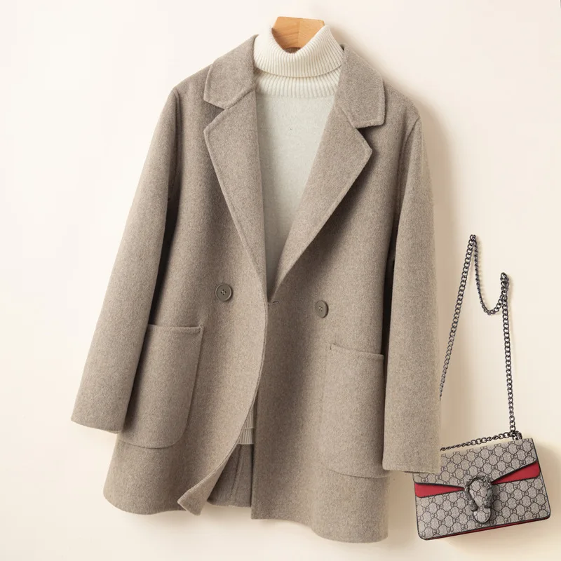 

Двустороннее шерстяное пальто для женщин средней длины осень-зима шерстяное пальто свободного кроя с небольшим костюмным воротником шерстяное пальто