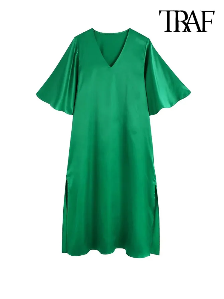 

TRAF Women Fashion Satin Green Midi Dress Vintage V Neck Wide Short Sleeve Female Dresses Vestidos Mujer