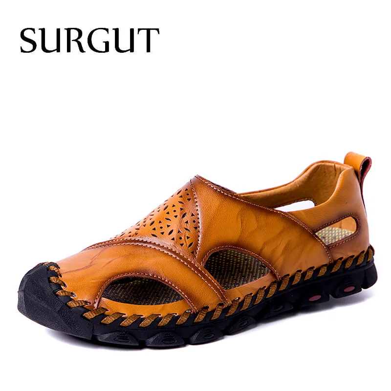 

SURGUT Men Genuine Leather Sandals Summer Classic Men Shoes Men Roman Comfortable Walking Footwear Slippers Sandals Big Size 48