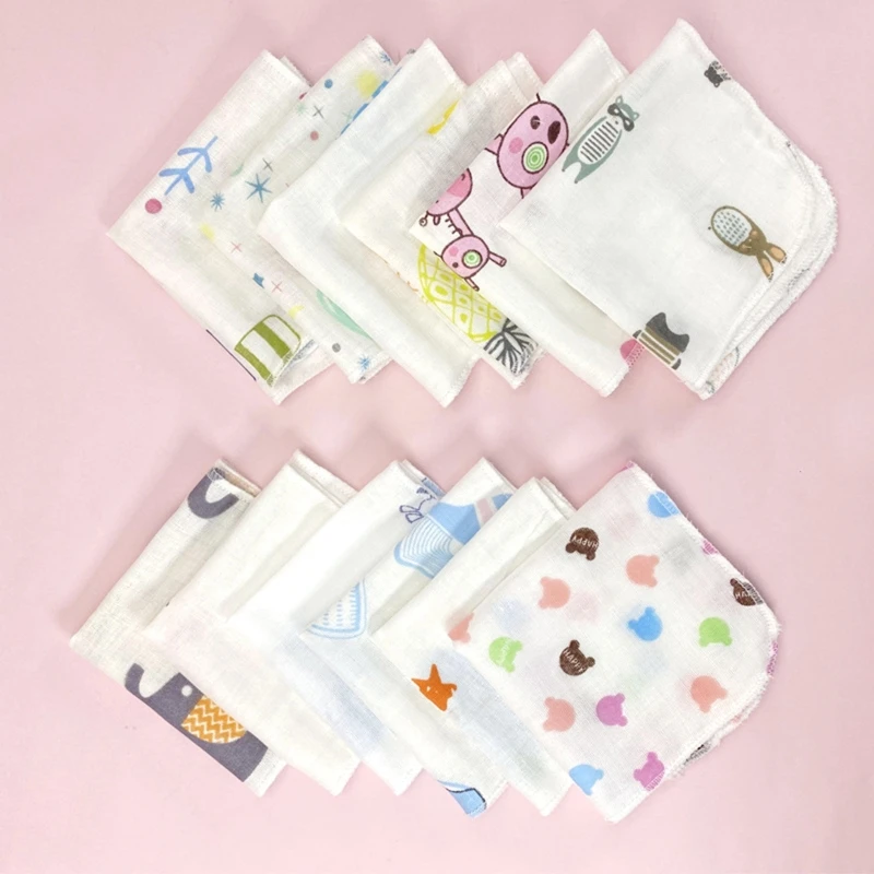 

10Pcs Baby Washcloths Set Cute Cartoon Print Double Layer Gauze Infant Face Towel Reusable Wipes Absorbent Burp Cloth