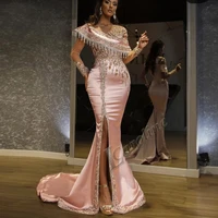 caroline crystals beads pink satin evening dress dubai arabic abiye formal prom party gowns with split vestidos custom made