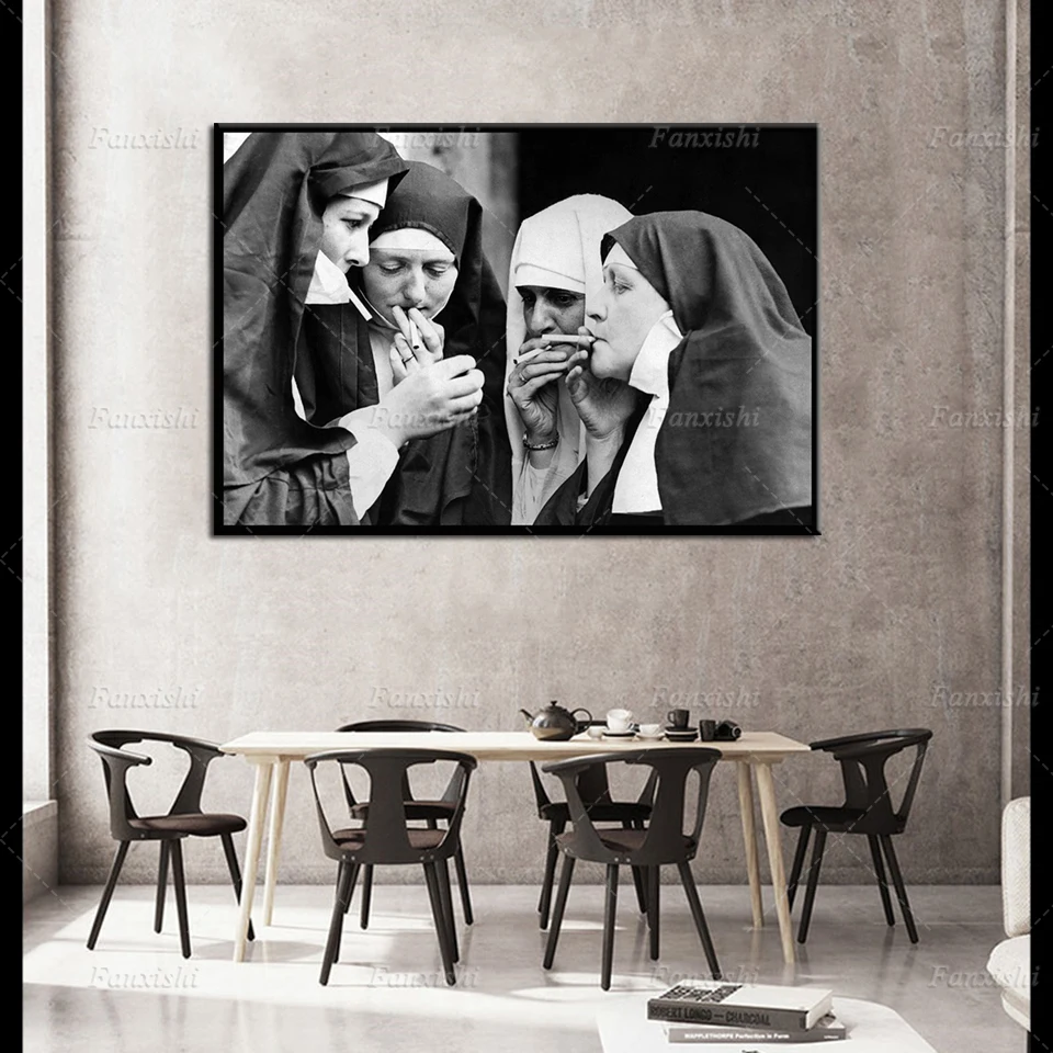 

Nuns Smoking Prints,Smoking Nuns Poster,Black and White Vintage Photo Art Canvas Painting Wall Pictures Home Living Room Decor