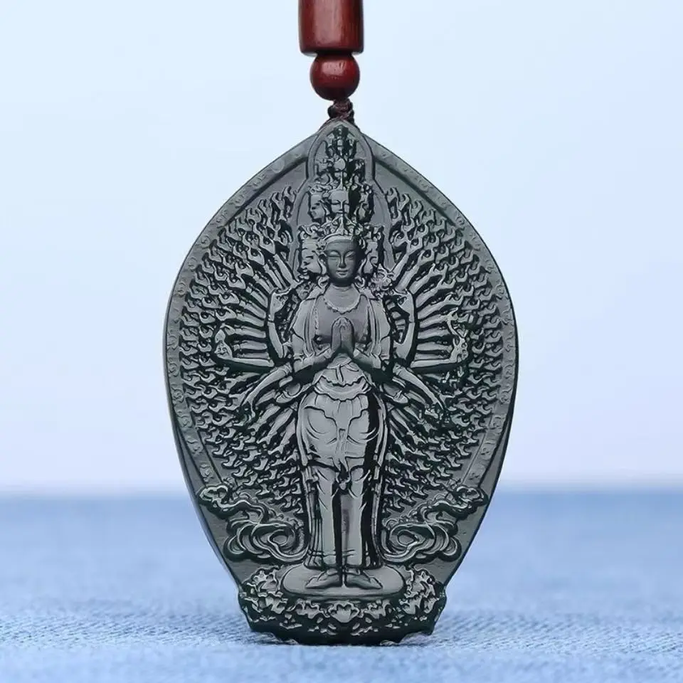 

Mai Chuang/Hand Carved/He Tian Cyan Jade Thousand-handed Avalokitesvara Necklace Pendant Fashion Jewelry Men Women Couple Amulet