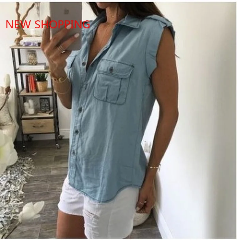 

Fashion Sleeveless Women Blusas Solid Turn Down Collar Pockets Button Front Shirt Tops Casual Tops T Shirt Femme Indie Style