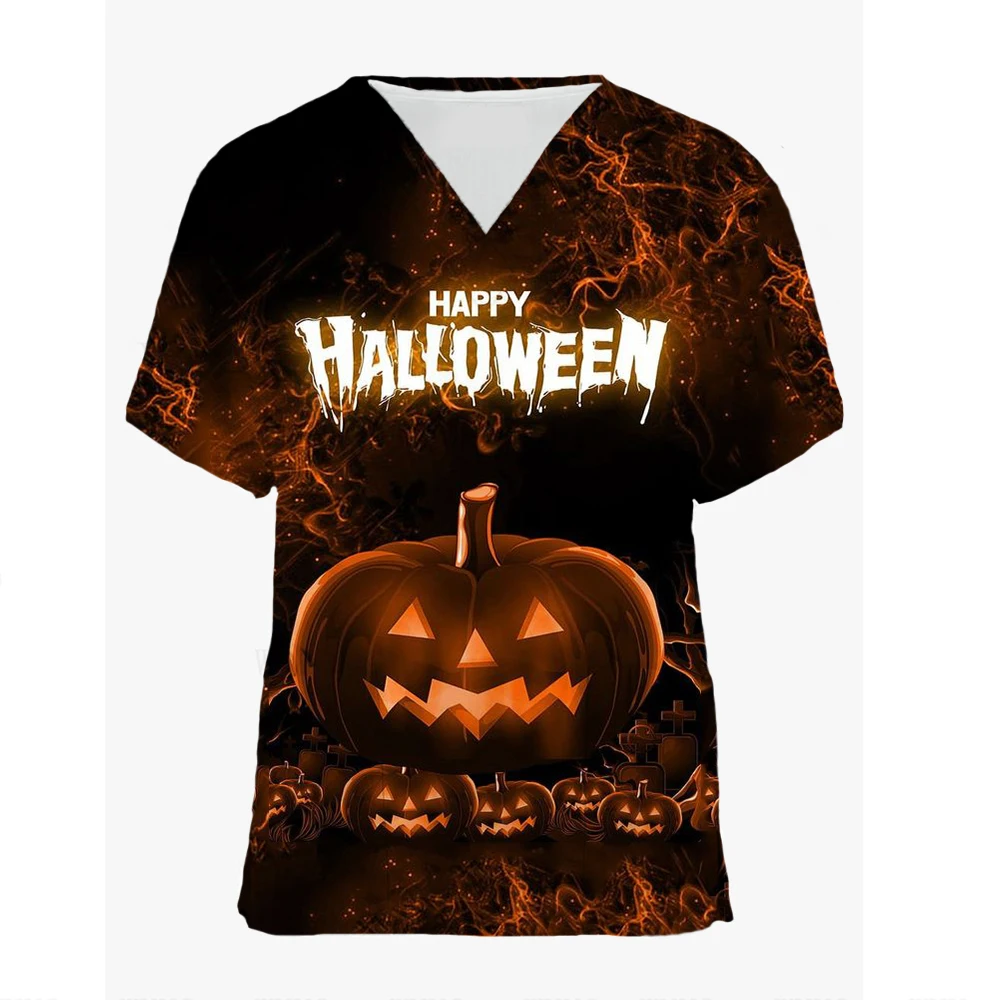 

Модная скраб Рабочая форма Топы для женщин крест V-образный вырез Хэллоуин принт короткий рукав смешные футболки рабочая одежда с карманами