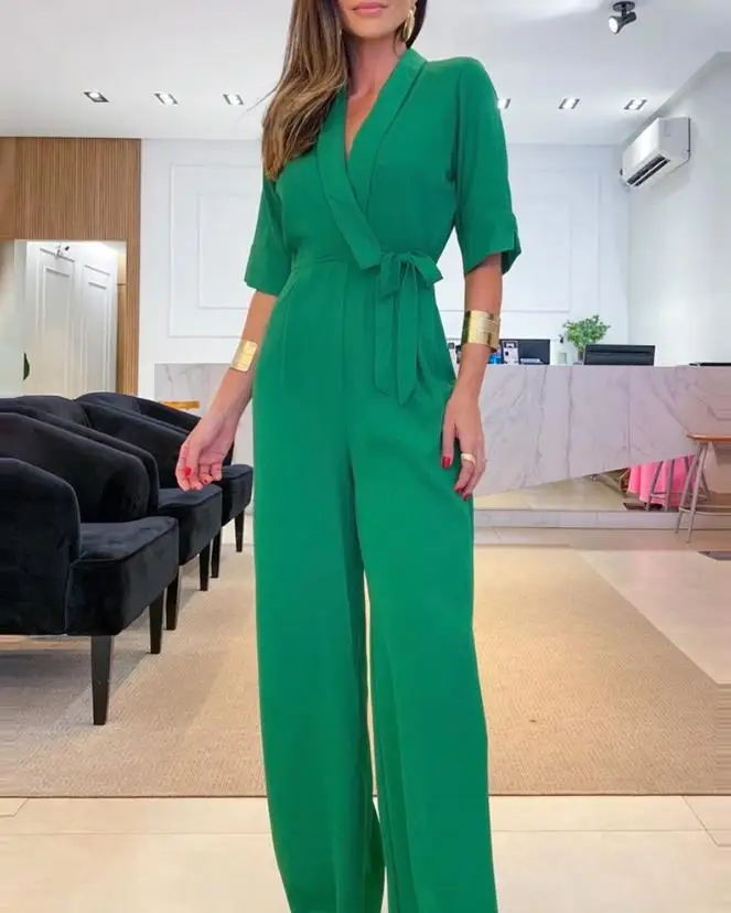 

Women's Jumpsuit 2023 Spring Fashion Half Sleeve Wide Leg Elegant Plain Shawl Collar Work Long Jumpsuit Office Ladies