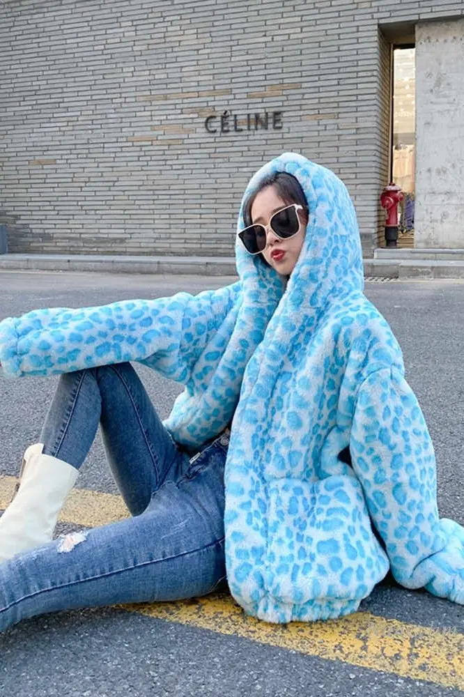 2022 Autumn and Winter New Blue Color Leopard Print Faux Fur Coat Hooded Mid-Length Cute Sweet Girl Loose Street Overcoats