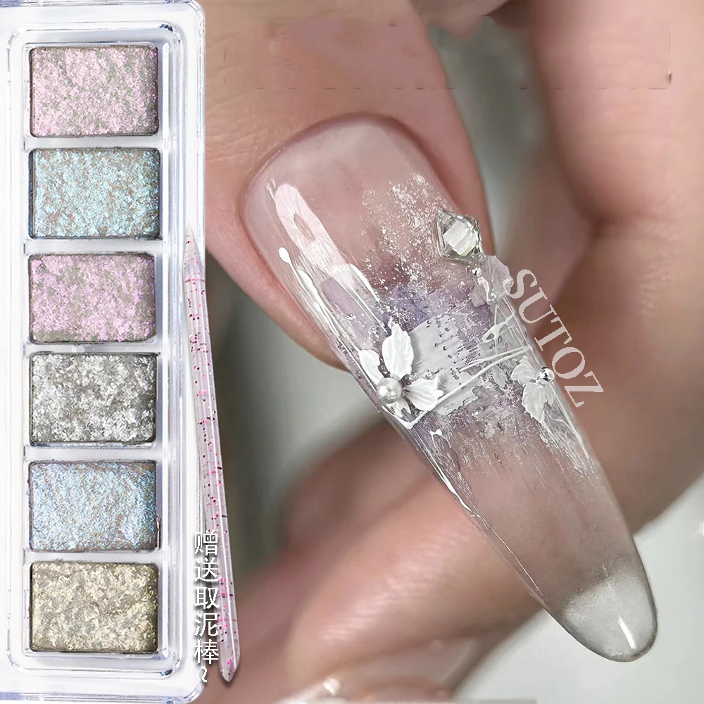 1 коробка блестящая грязь Аврора твердый порошок для ногтей 6 цветов