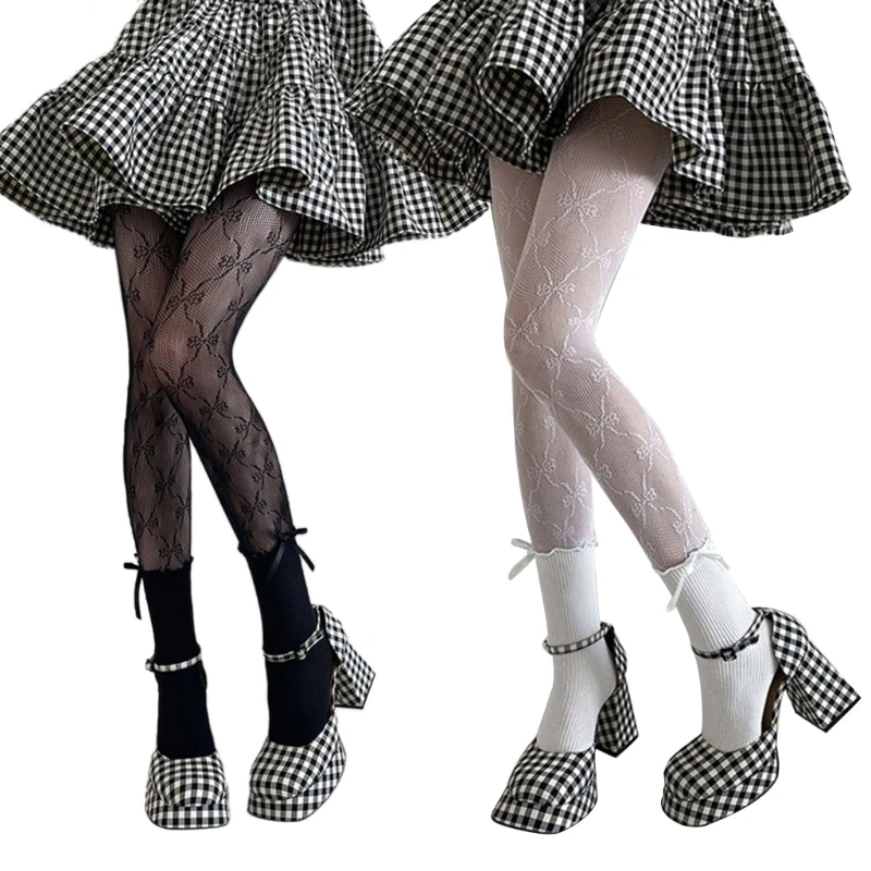 

2023 New Women Cute Ruffle Crew Socks Pantyhose Bowknot Lace Patterned Patchwork Fishnet Mesh Tights Bottoming Leggings