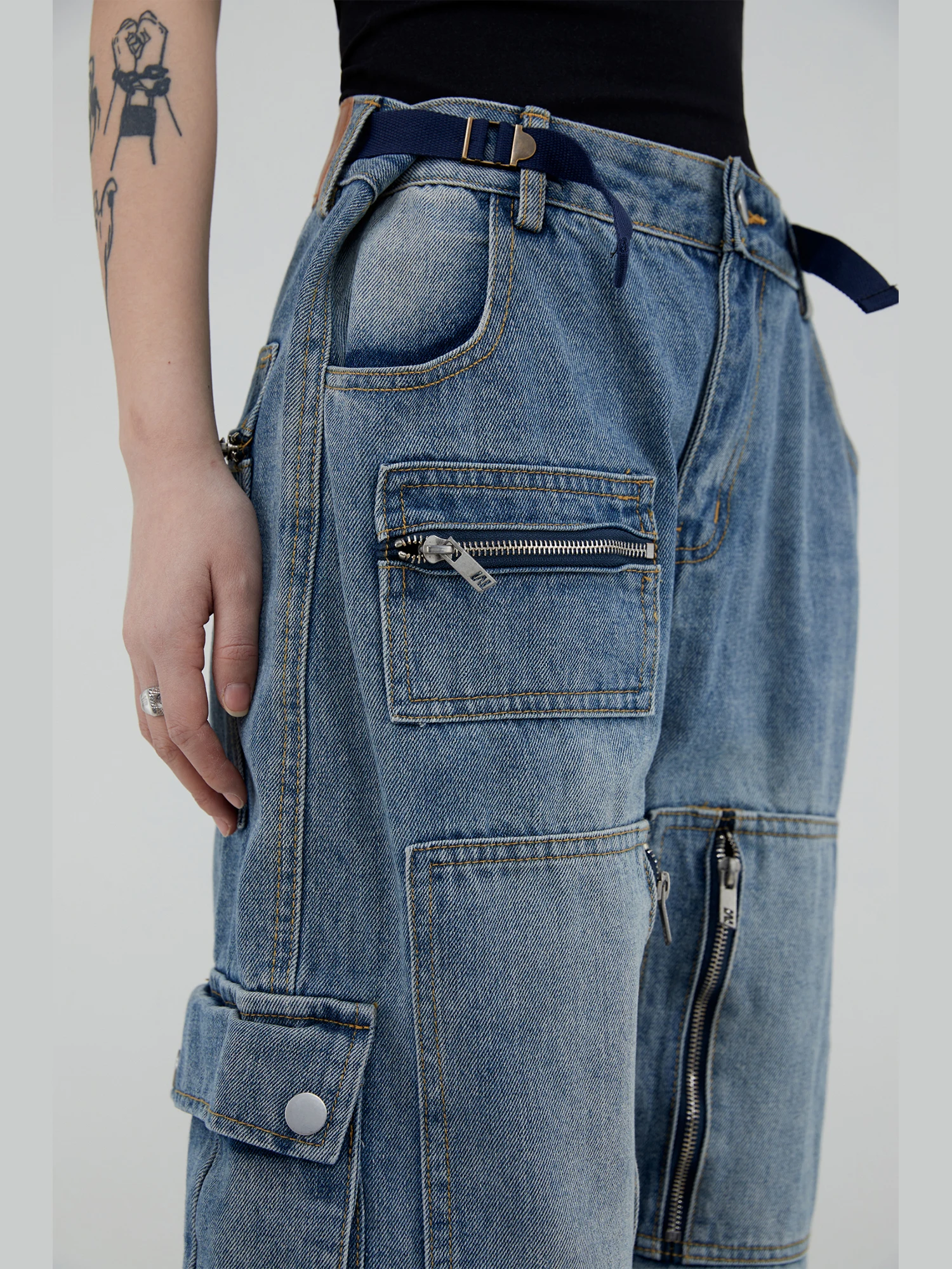 Spring Autumn Multi-Pocket Tooling Wind Do Old Washed Jeans Men's And Women's Loose Wide Leg Can Be Elastic Straight Trousers