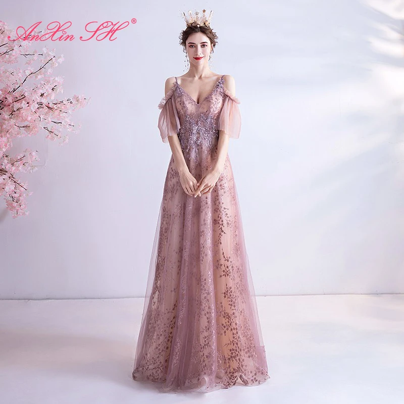 

Женское вечернее платье на тонких бретельках AnXin SH, розовое кружевное платье принцессы с оборками и бисером, сверкающее вечернее платье тра...