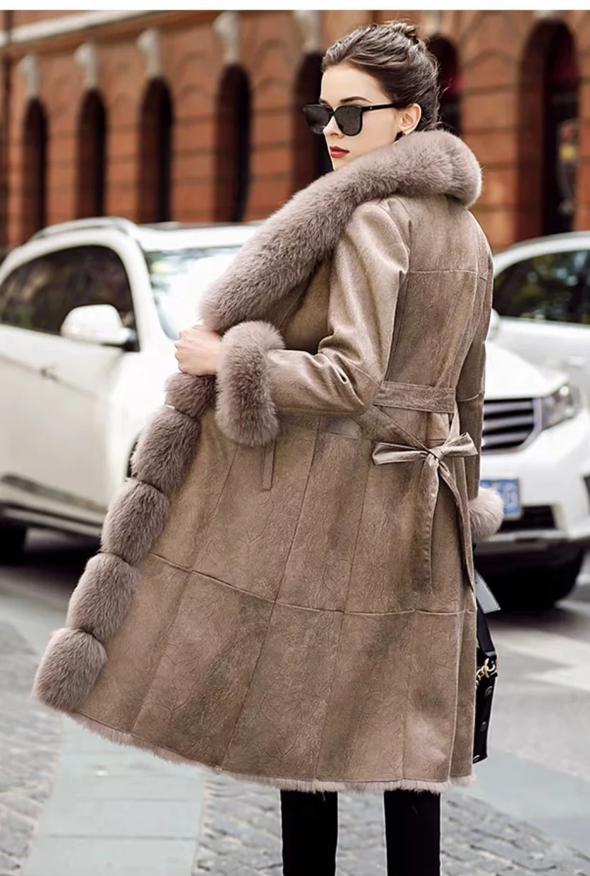 New Winter Women Real Fur Coat With Fox Fur Collar Genuine Rabbit Skin Natural Fur Jacket Thick Warm Outerwear X-long Streetwear enlarge