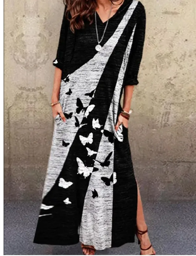 

Spring and Autumn 2022 New V-neck Print Mid sleeve Dress