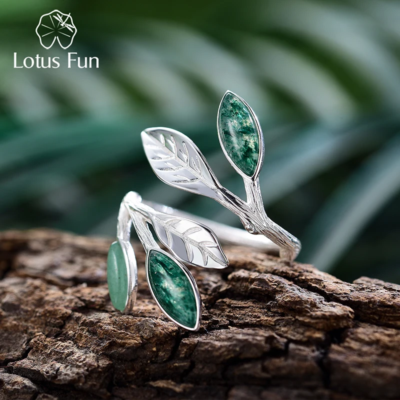 Lotus Fun Real 925 Sterling Silver Open Ring Natural Stone Handmade Design Fine Jewelry Spring in the Air Leaves Rings for Women