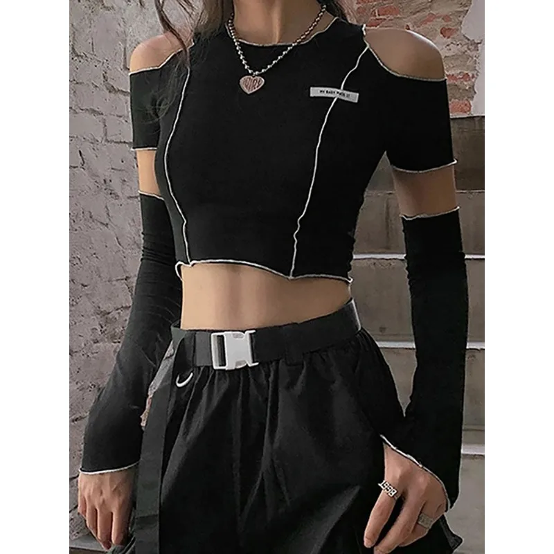 

E-girl Style Patchwork Black T-shirts Gothic Open Shoulder Sleeve Y2k Crop Tops Ruffles Hem Hip Hop Techwear Women Tee