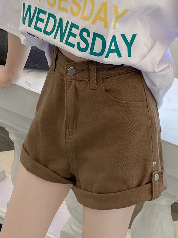 New Spring Summer Women High Waist Button Brown Denim Shorts Casual Female Wide Leg Jeans Shorts Ladies Bottoms