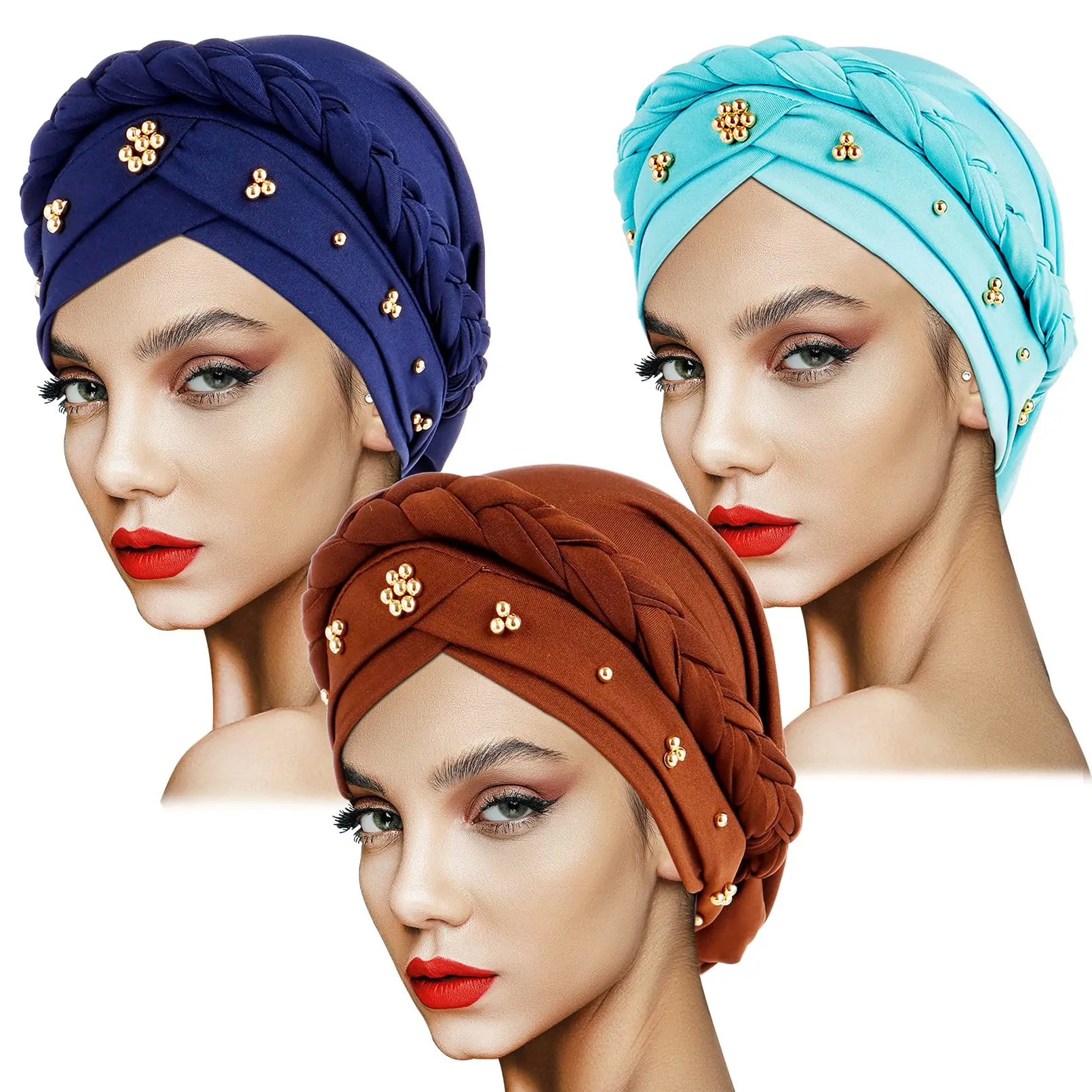 

India Muslim Women Hijab Hat Cancer Chemo Cap Braid Beads Turban Headscarf Lady Beanie Bonnet Hair Loss Cover Islamic Head Wrap