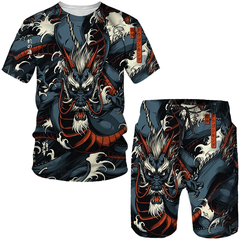 Vintage Oriental Dragon God 3D Print Men's Tees/Shorts/Sets Japanese Samurai Tattoo Outfit Fashion Male Streetwear Clothing Suit