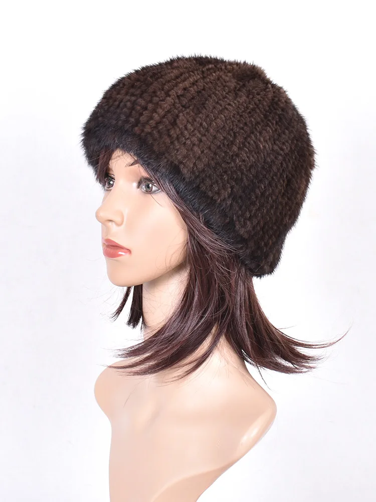 Women's Real Mink Fur Hat Winter Warm Beanie Cap Double Side Fur Headwear High Elastic Black Brown Wine Red