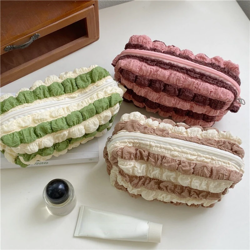 

Cute Cream Color Cosmetic Bag Ins Girly Pleated Make Up Organizers Striped Storage Bag Student Large-capacity Pencil Case
