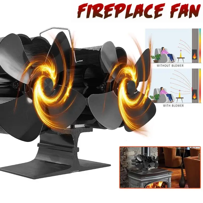 

Black Fireplace Fan With 8 Blades 2 Heads Heat-powered Stove Fan For Wood Log Burner Fireplace Eco Quiet Fans Stove Supplies