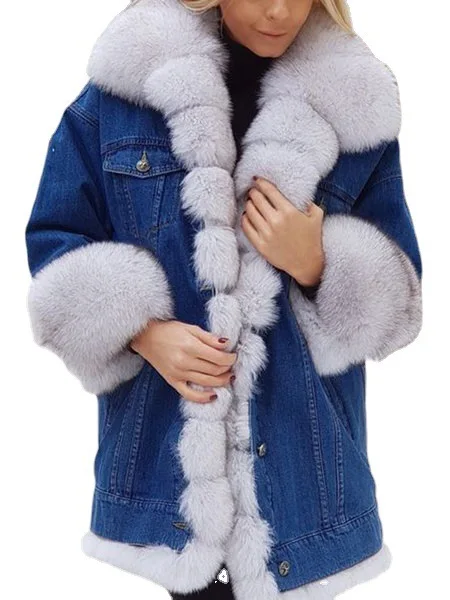 women's fur one-piece denim long sleeved jacket in large stock
