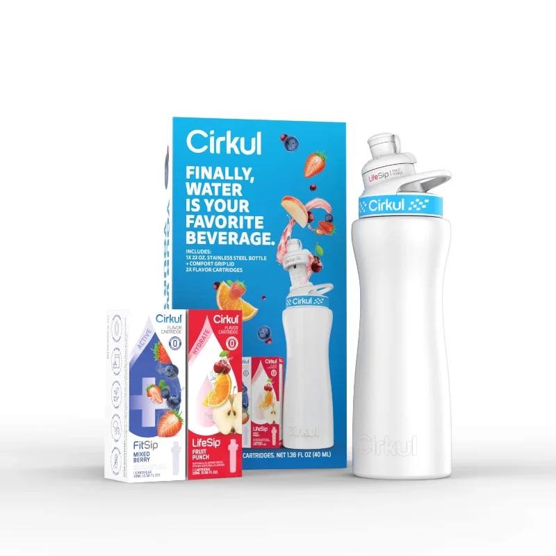 

Cirkul 22oz White Stainless Steel Water Bottle Starter Kit with Blue Lid and 2 Flavor Cartridges (Fruit Punch & Mixed Berry)