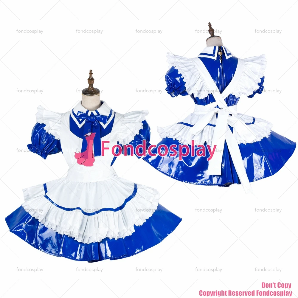 

tailor-made sexy adult dressing cross maid sissy lockable blue thin pvc dress vinyl uniform white apron tv/cd[g1991]