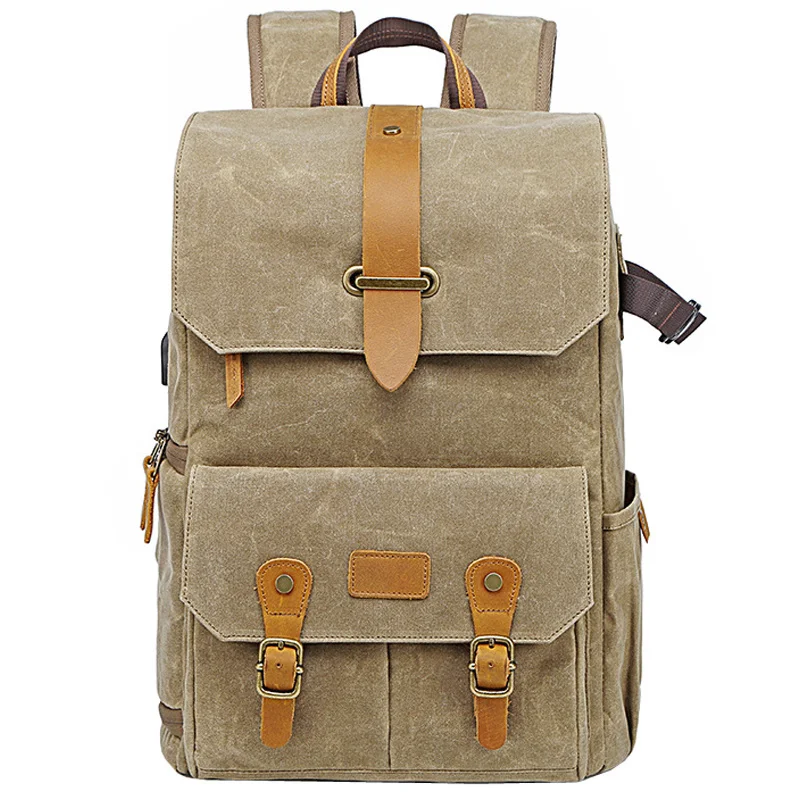 Photography Retro Waterproof Batik Canvas backpack w USB Port fit 15.6inch Laptop Men Camera Bag Carry Case for Canon Nikon DSLR