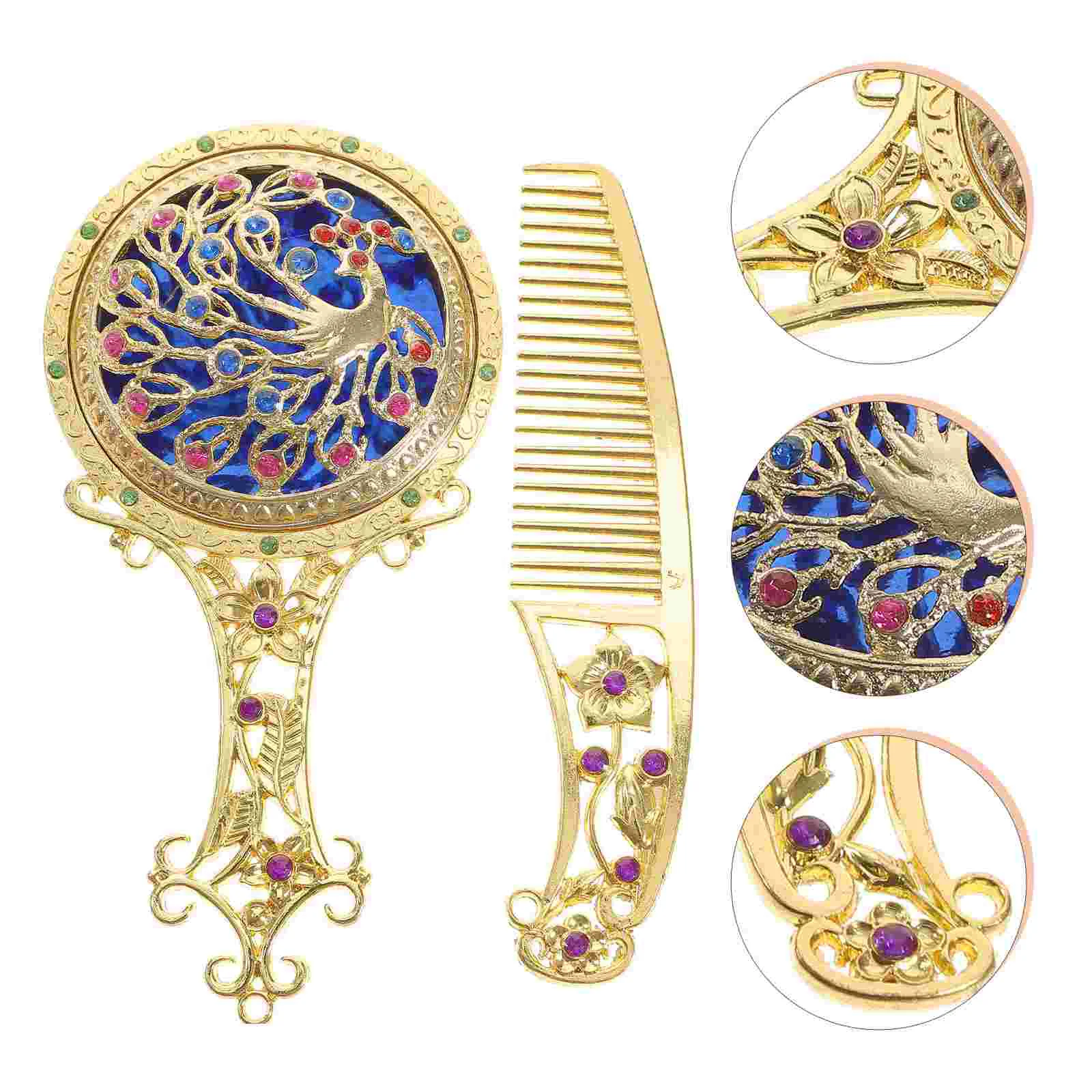 

Mirror Hand Comb Vintage Makeup Set Handheld Vanity Metal Hair Travel Pocket Portable Retro Mini Brush Mirrors Handle Held Women