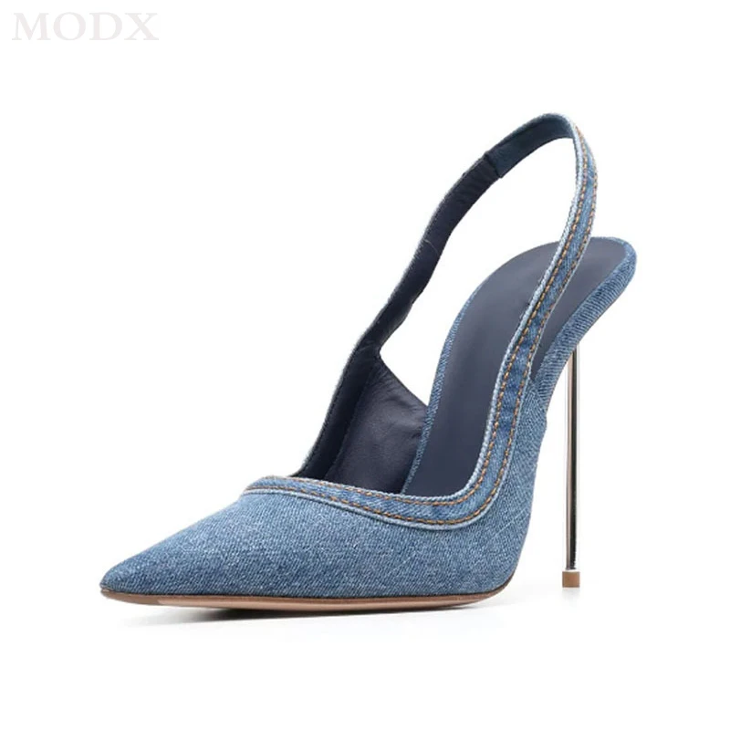 

Синие джинсовые сандалии для женщин, летние сексуальные туфли с острым носком и ремешком сзади, на высоком металлическом каблуке, модные женские туфли без застежек, большой размер