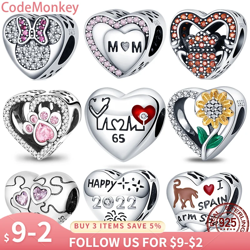 

CodeMonkey 100% Real 925 Strerling Silver Heart Beads Fit Original pandora Bracelet Love Heart Charms Beads DIY Jewelry Making