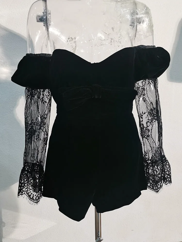 DEAT женский топ без пятки с кружевным рукавом золотые бархатные костюмы круглый