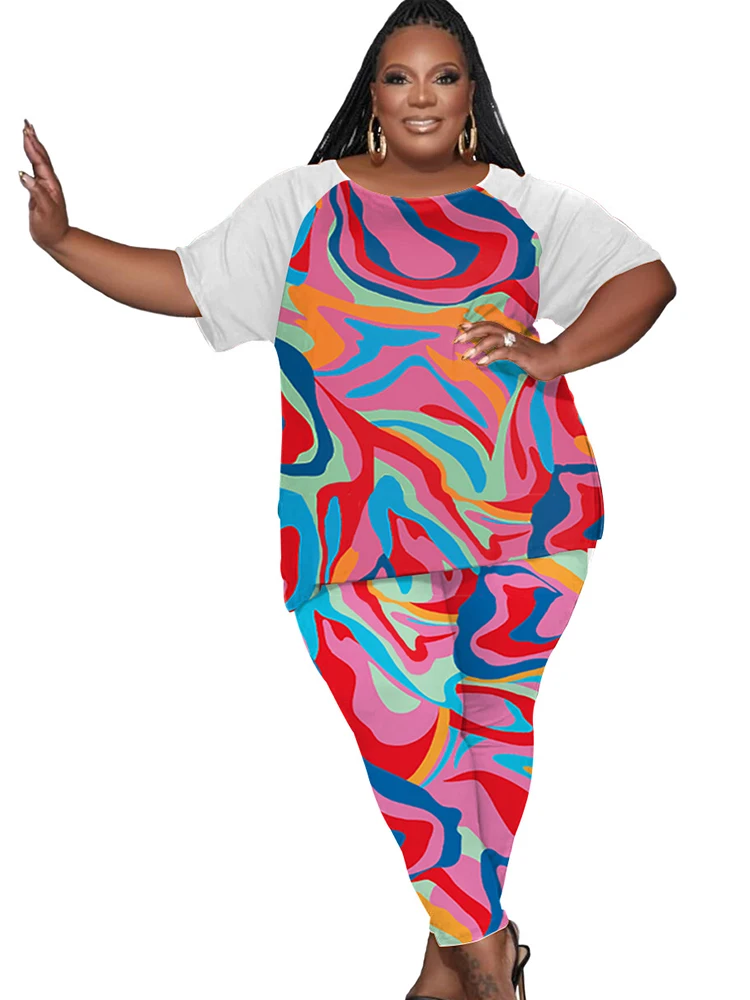 

4XL Plus Size Set Women Clothes T Shirt Tops And Pants Suits Summer Print Patchwork Loose Casual Oversize Matching Set Outfits