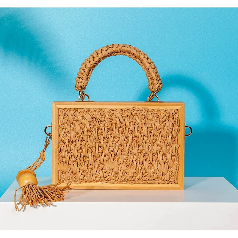 

Fashion Wooden Box Straw Handbag Designer Tassel Shoulder Crossbody Bags Luxury Woven Summer Beach Rattan Bag Lady Totes Purse