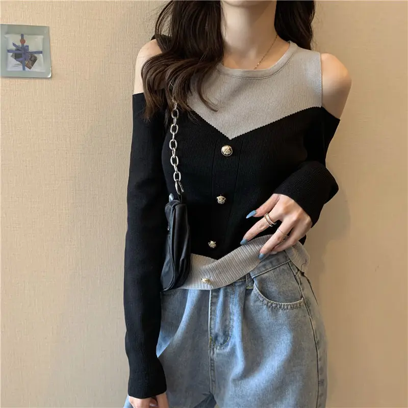

2023 Women's Spring Autumn New Sexy Off-shoulder Pullovers Female Long Sleeve Sweater Tops Ladies Slim Stitching Knit Tops U377