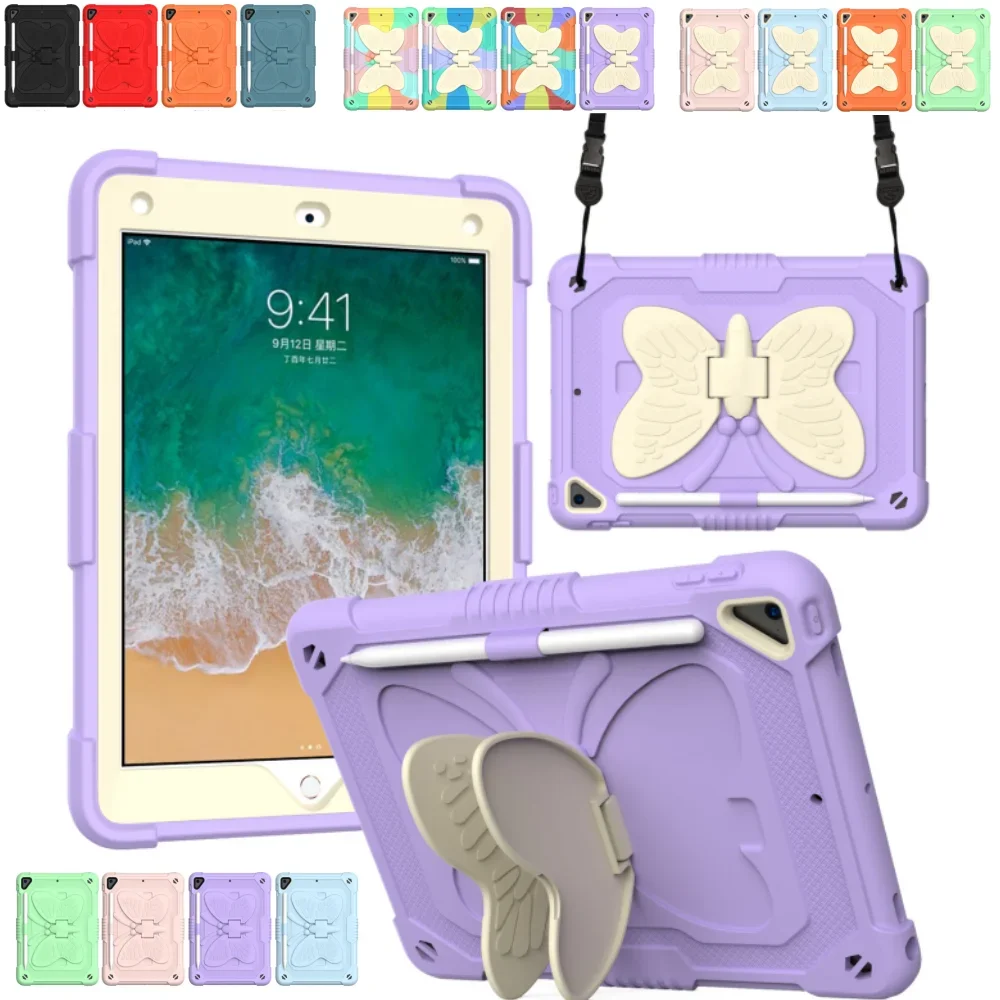 Shockproof Protective Case for iPad 6 9.7 6th 5th Air 2 pro Silicone Back Cover with Butterfly Kickstand &amp Shoulder Strap