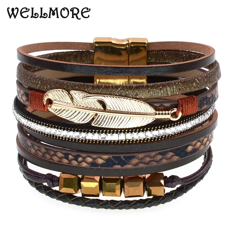 Новые кожаные браслеты WELLMORE для женщин, богемный Браслет из змеиной кожи с кристаллами, перьевой magenet, модные ювелирные изделия, оптовая продажа