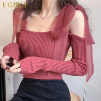 e girls high waist crop chic knitwear korean mesh bow tie sexy strapless sweater 2022 spring long sleeve slim knitted top
