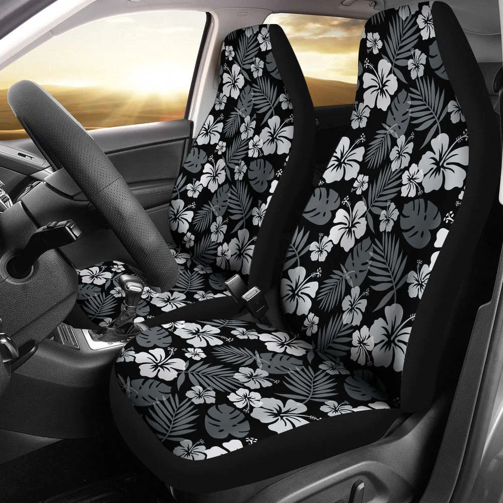 

Чехлы на сиденья автомобиля, Гавайские универсальные накидки на передние сиденья, с рисунком гибискуса, серого и белого цветов, 2 шт. в упаковке